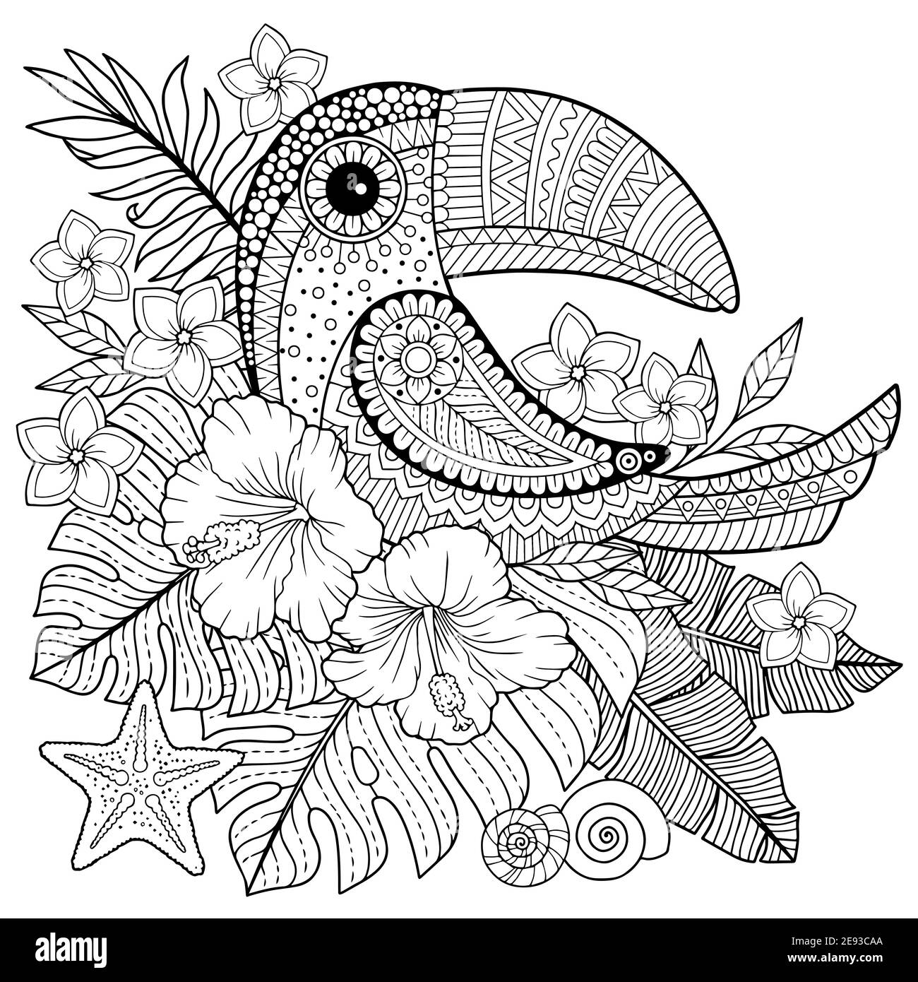 Coloring book for adults. Toucan among tropical leaves and flowers. Coloring page for relax and relif Stock Vector