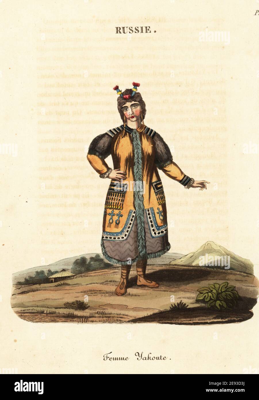 Married woman of the Yakut or Sakha people, 18th century. She wears a curious hair ornament, long earrings, and animal-skin vest decorated with beads and fringes. Female Yakouti, Femme Yakoute. Handcoloured copperplate engraving after an illustration by William Alexander from J-B. Eyries’ La Russie: Costumes, Moeurs et Usages des Russes, Russia: Costumes, Manners and Mores of the Russians, Librairie de Gide Fils, Paris, 1823. Jean-Baptiste Eyries (1767-1846) was a French geographer, author and translator. Stock Photo