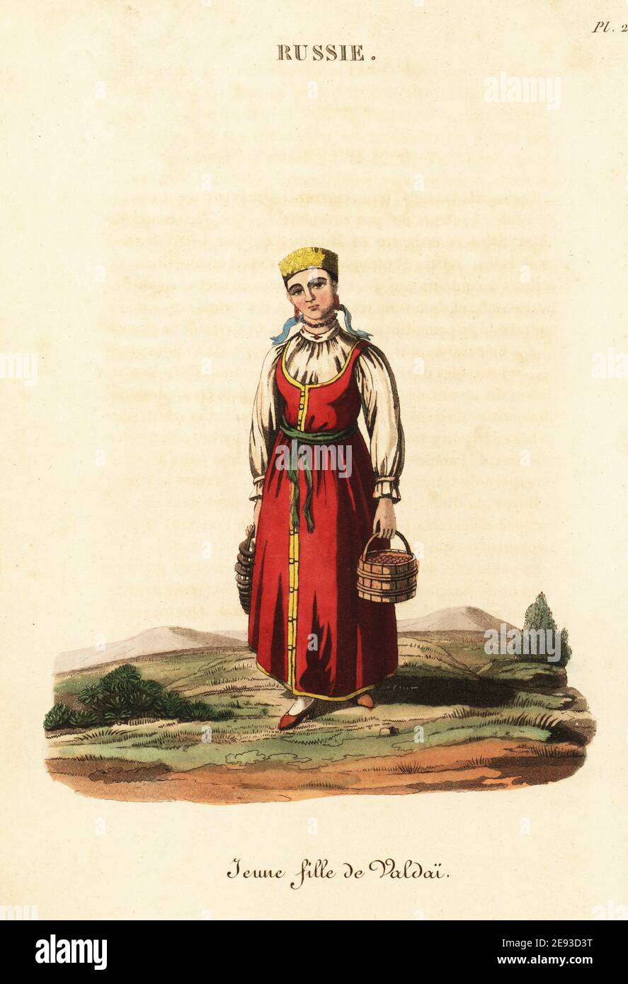 Young girl of Valday town, 18th century. Peopled by Poles taken prisoner  during the reign of Tsar Alexei Michaelovich. (Novgorod Oblast), Russia  Unmarried woman of Waldai, Jeune fille de Valdai. Handcoloured copperplate