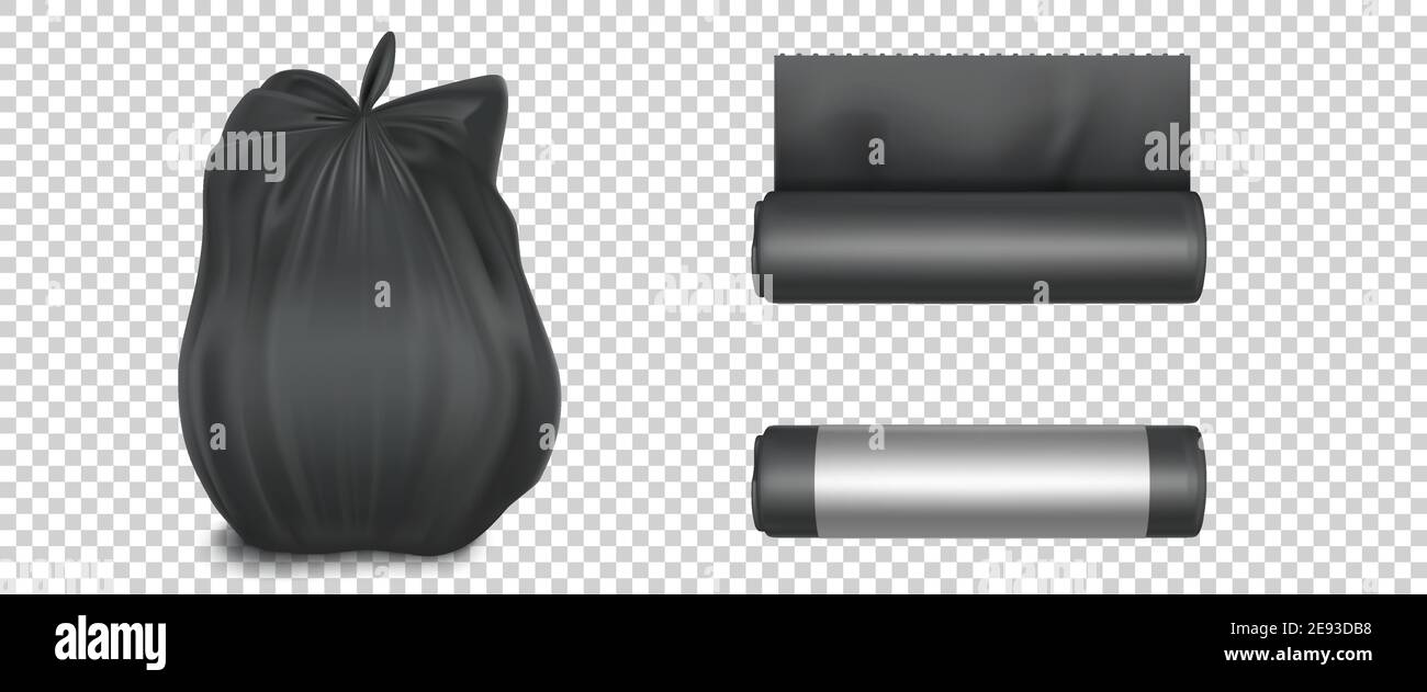 Download Black Plastic Bag For Trash Garbage And Rubbish Vector Realistic Mockup Of Polyethylene Trashbag In Roll And Full Of Waste Tied Sack With Refuse Is Stock Vector Image Art Alamy