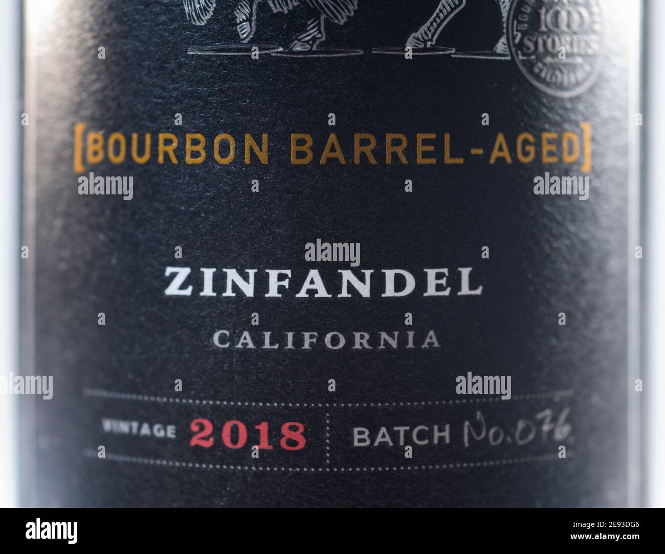 Californian Zinfandel 2018 Bourbon Barrel Aged wine label closeup Stock Photo