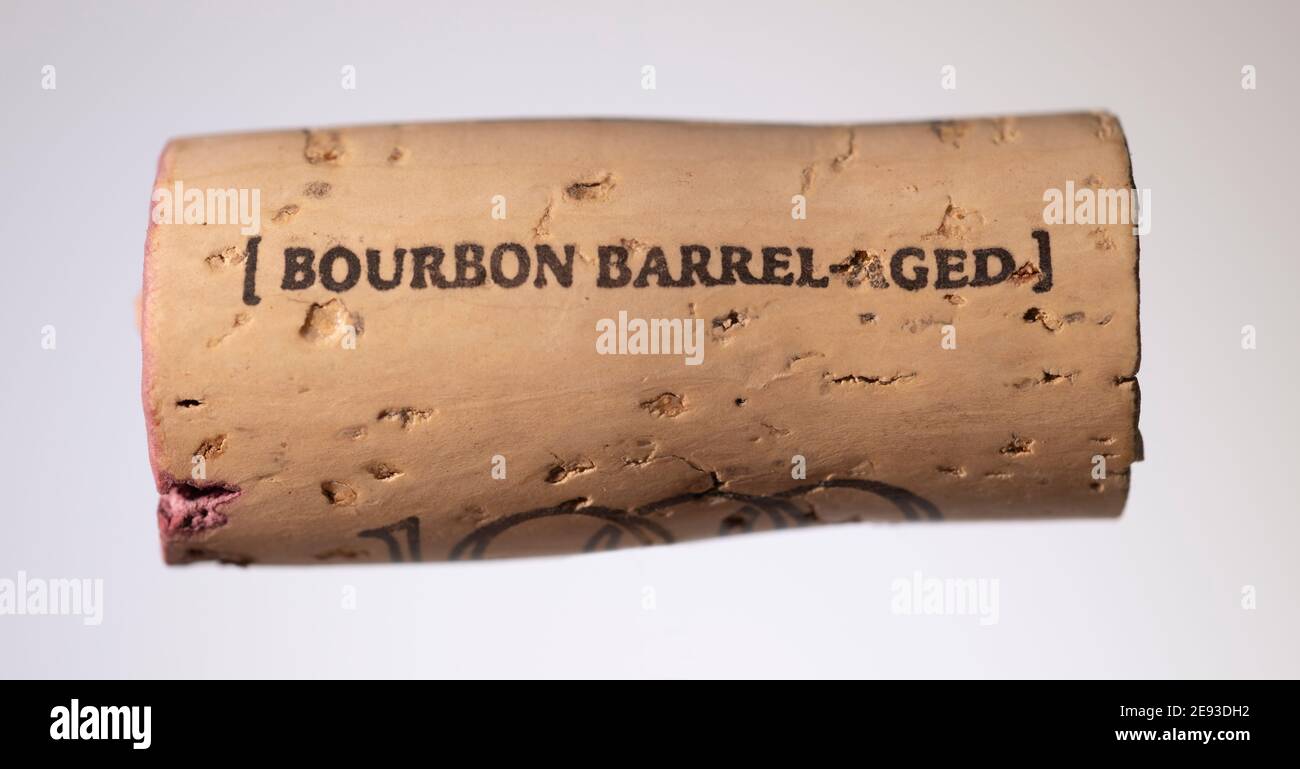 Bourbon Barrel Aged Californian Zinfandel wine bottle cork Stock Photo