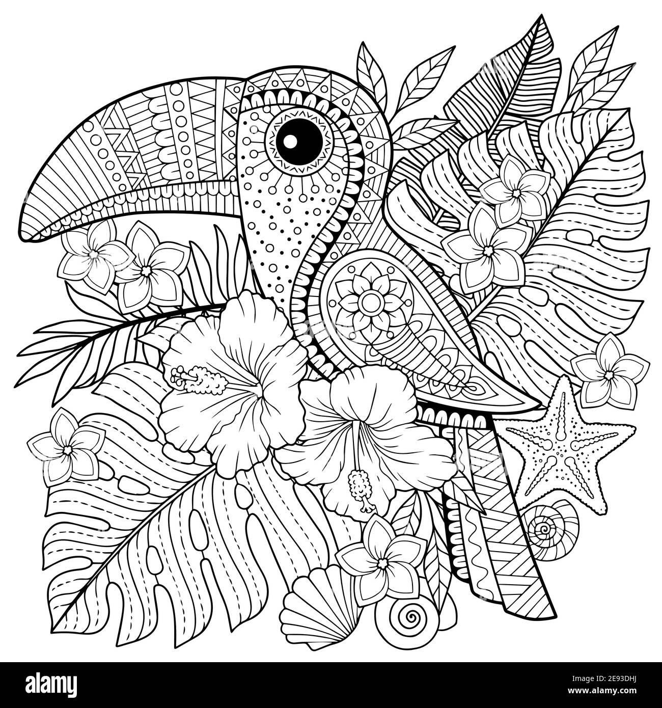 Coloring book for adults. Toucan among tropical leaves and flowers. Coloring page for relax and relif Stock Vector
