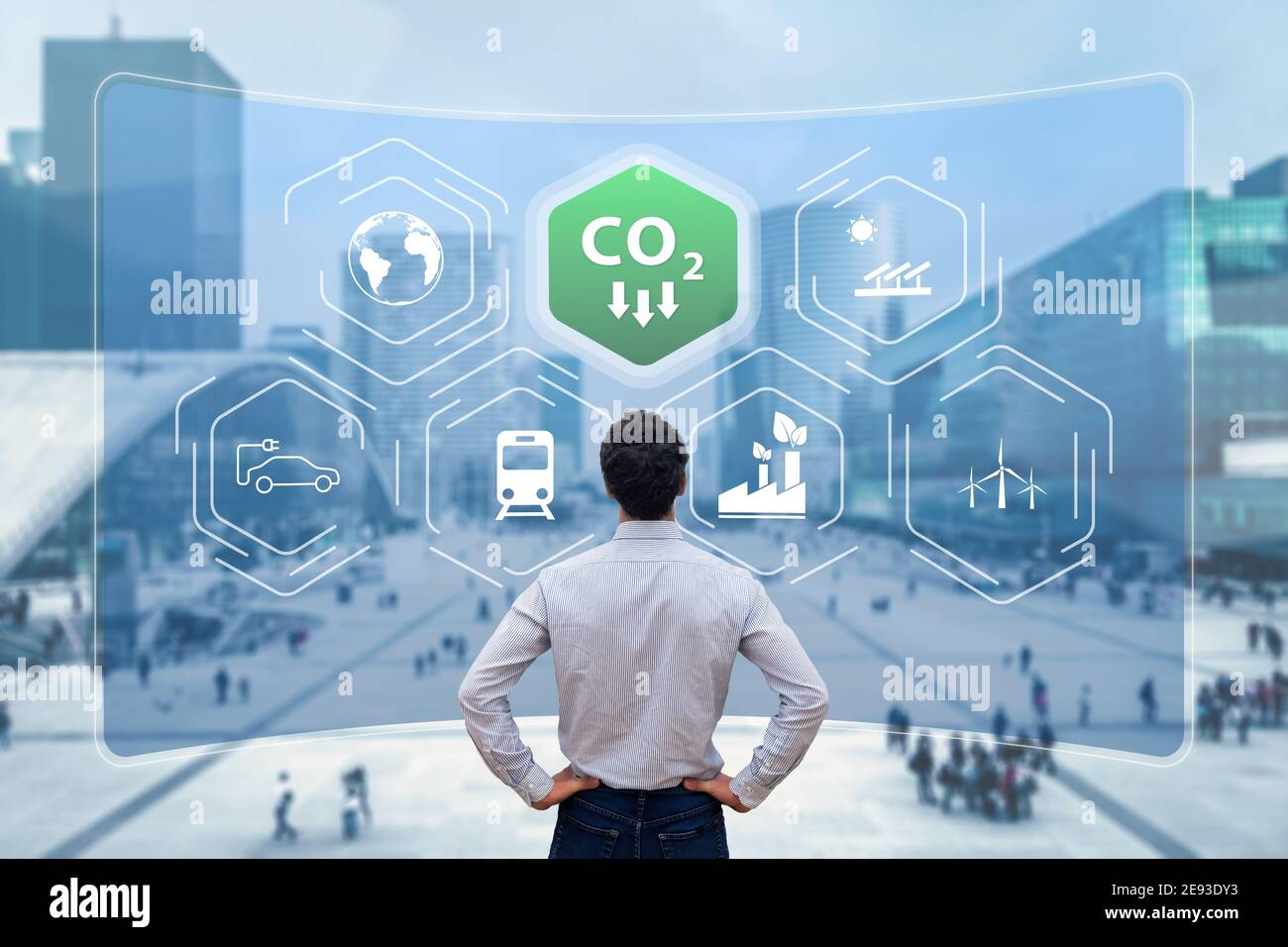 Reduce Carbon Dioxide Emissions to Limit Global Warming and Climate Change. Commitment to Paris Agreement to Lower CO2 levels with Sustainable Develop Stock Photo