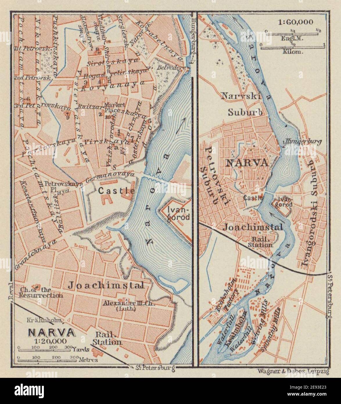 Narva town/city plan linna kaart kava. Estonia. BAEDEKER 1914 old antique map Stock Photo