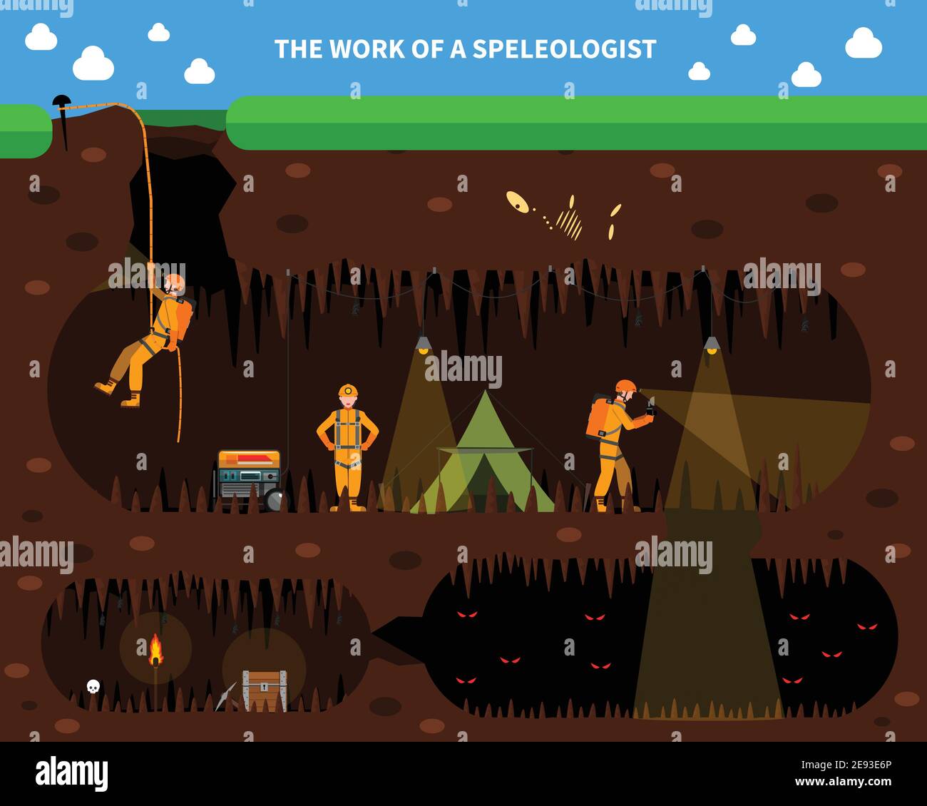Speleologists exploring deep cave with stalagmites and stalactites flat ...