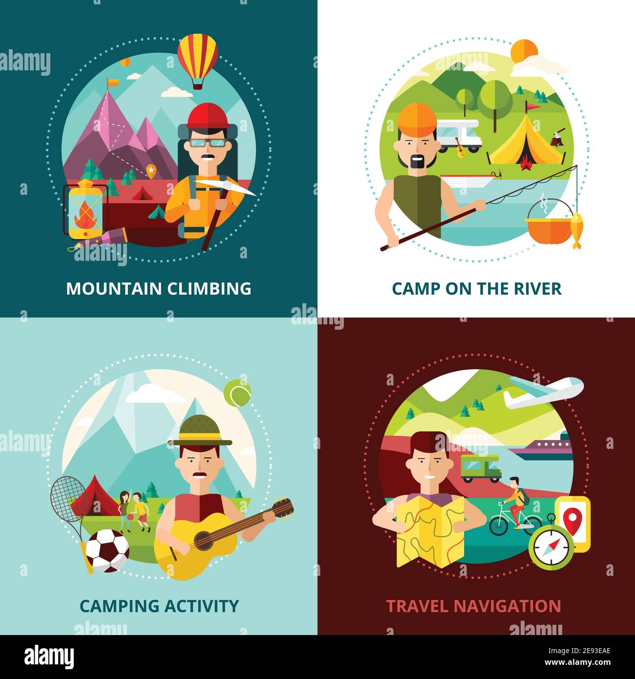 Camping types design concept four square icons abstract composition ...