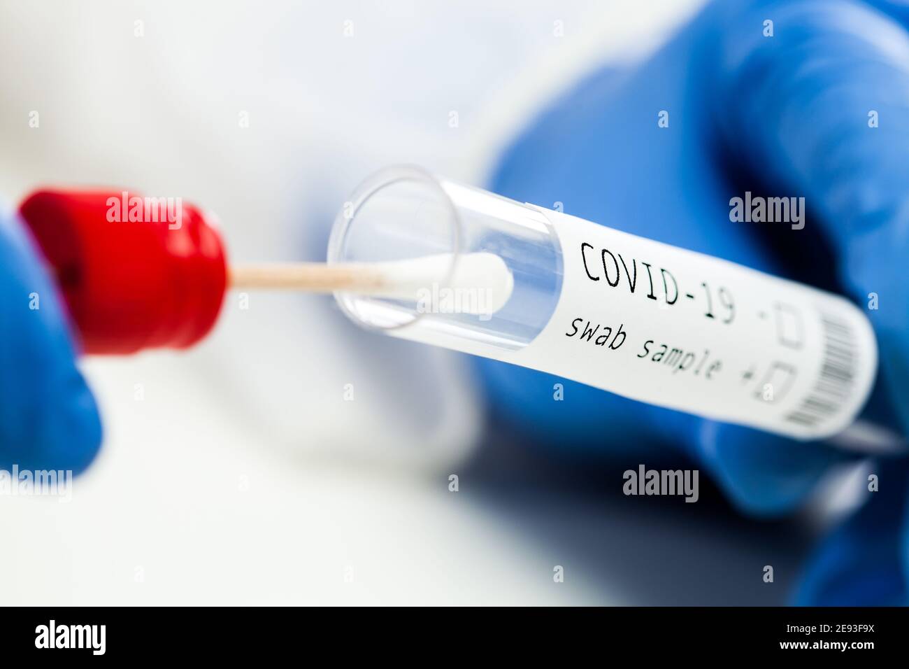 rt-PCR COVID-19 virus disease diagnostic test,UK lab technician wearing blue protective glove holding test tube with swabbing stick,DNA nasal and oral Stock Photo