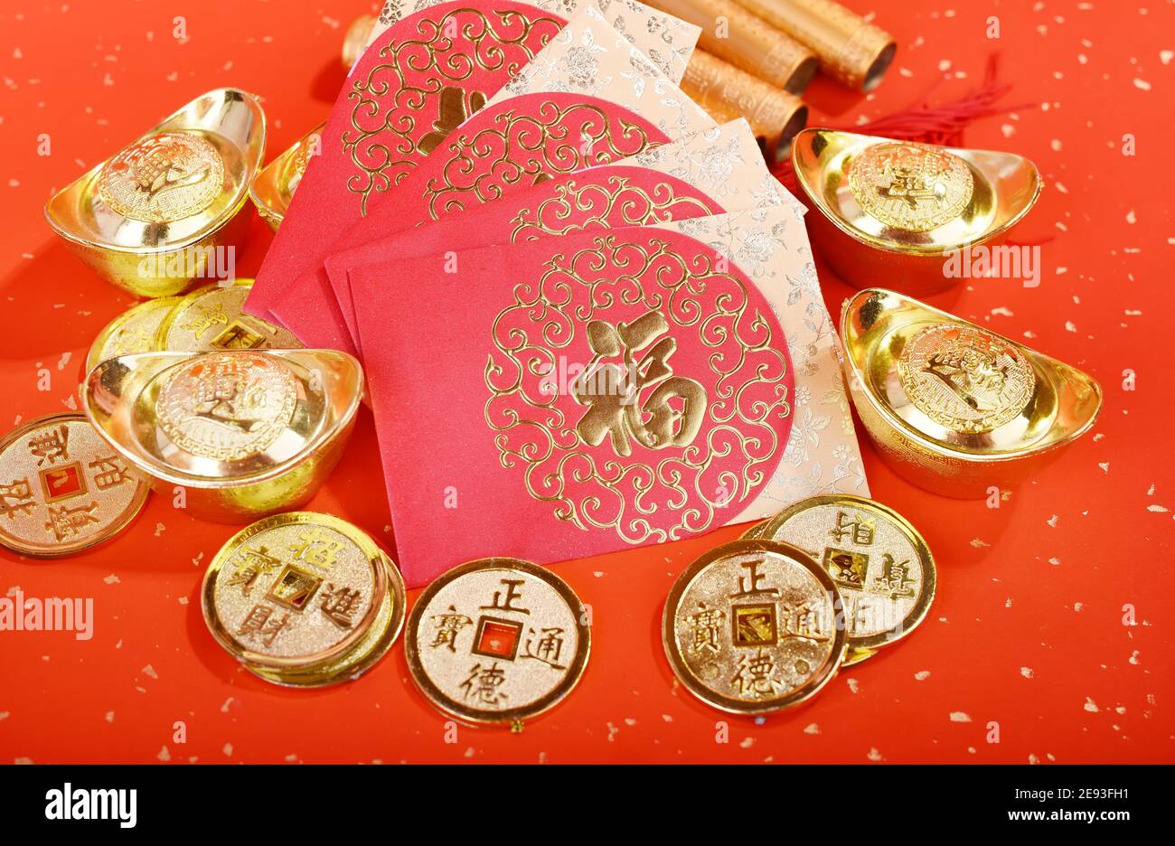 Chinese new year ornament--gold ingot,orange,golden coin and golden abacus,Chinese calligraphy Translation:good bless for new year Stock Photo