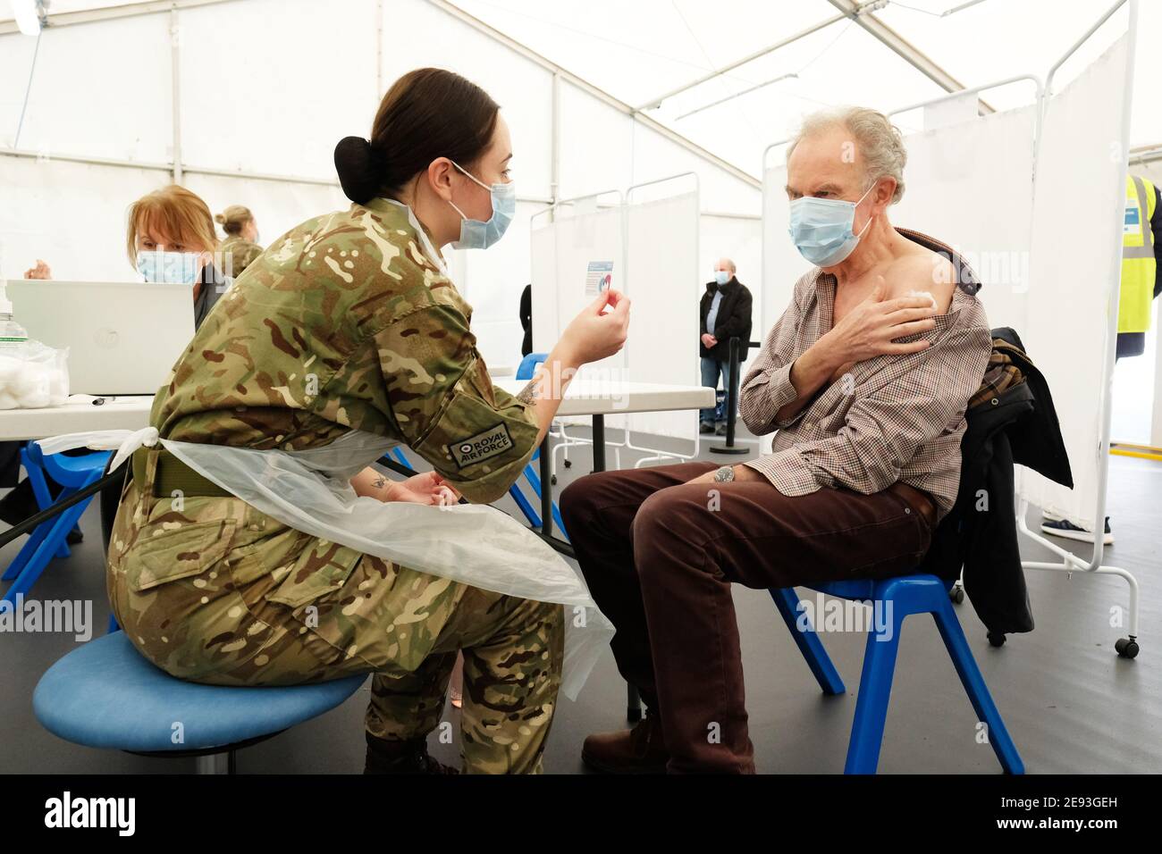 Ludlow, Shropshire, UK - Tuesday 2nd February 2021 - A new Covid 19 vaccination centre had opened today at Ludlow racecourse to provide coverage for the Shropshire, Telford & Wrekin area. NHS, local council and members of the Royal Air Force have been administering the AstraZeneca vaccine on local residents. Photo Steven May / Alamy Live News Stock Photo