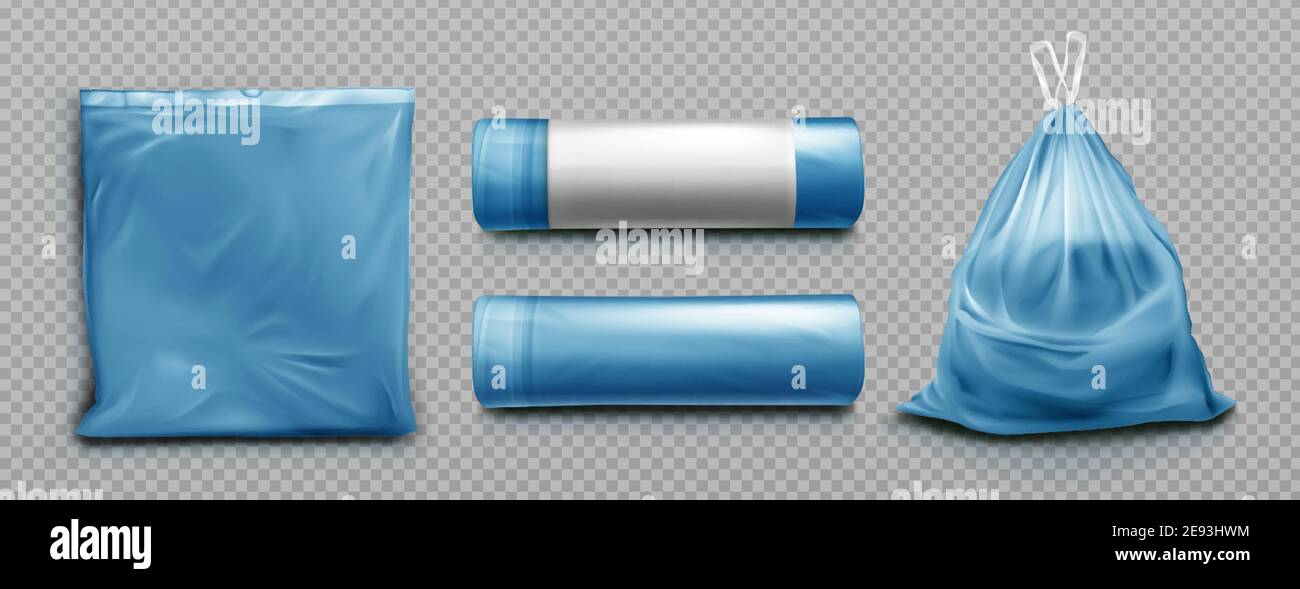 Download Blue Plastic Bag For Trash Garbage And Rubbish Vector Realistic Mockup Of Polyethylene Trashbag In Roll Empty And Full Of Waste Sack With Refuse W Stock Vector Image Art Alamy