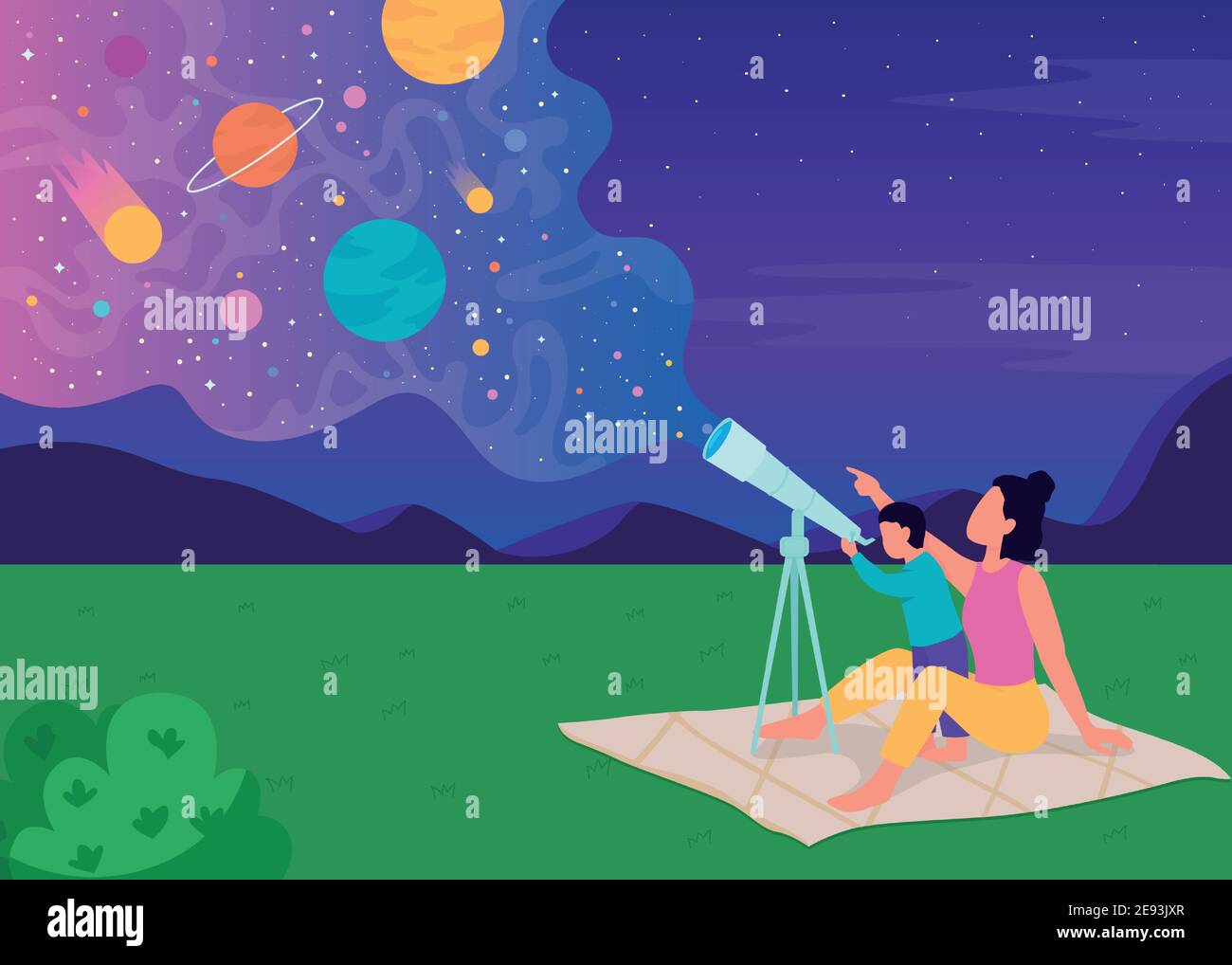 Family stargazing with telescope flat color vector illustration Stock Vector