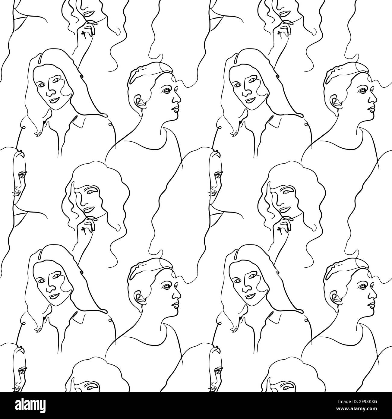 Seamless pattern with single line drawing of woman portraits. Isolated ...