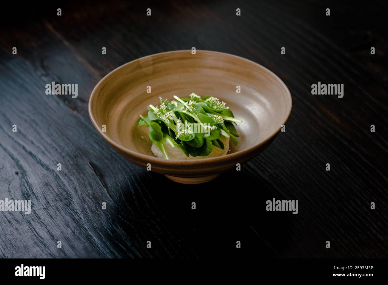 Dish of cottage cheese and garden greens with flowers made at a restaurant Stock Photo