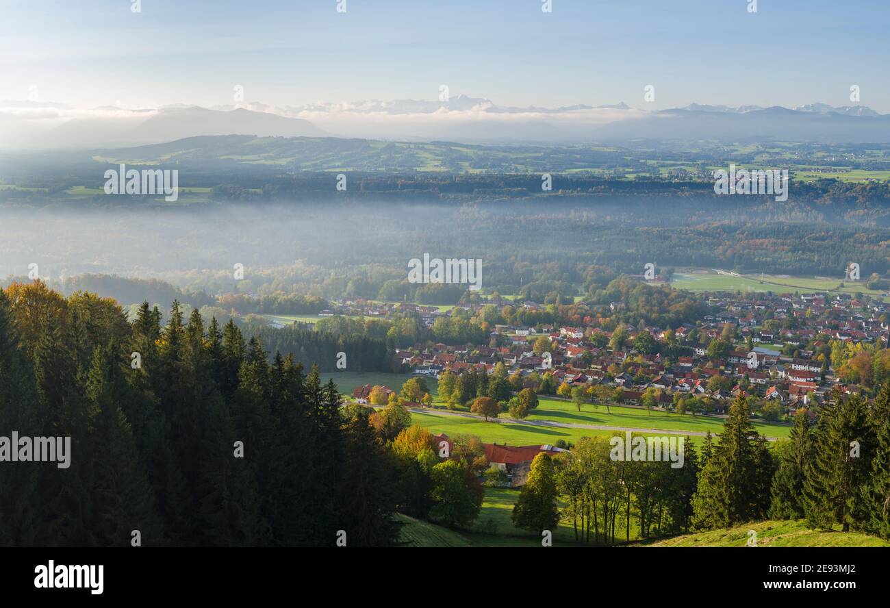 Landscape at Mt. Hoher Peissenberg during sunrise, the view towards the Alps, Wetterstein Mountain Range. Mt.  Hoher Peissenberg is located in the foo Stock Photo