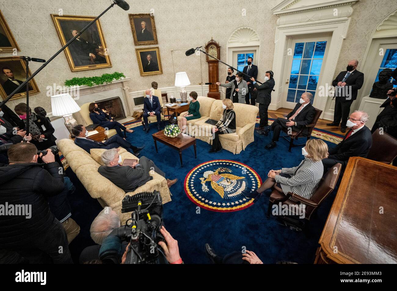 United States President Joe Biden and US Vice President Kamala Harris meet with Republican US Senators about the American Rescue Plan, in the Oval Office of the White House in Washington, DC, Monday, Feb.1, 2021. Credit: Doug Mills/Pool via CNP /MediaPunch Stock Photo