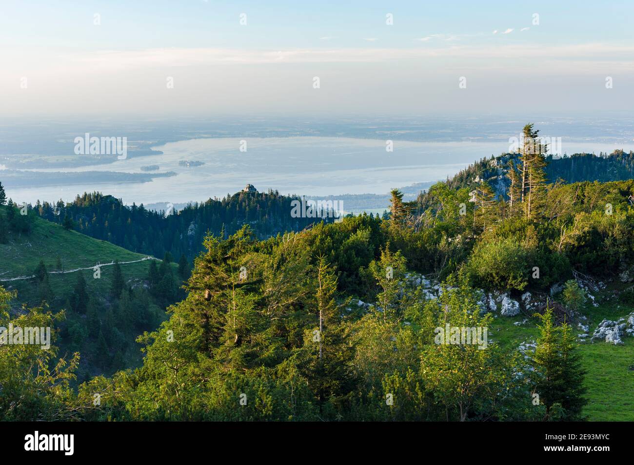 View towards lake Chiemsee and the foothills of the Alps near Rosenheim and Prien. Europe, Germany, Bavaria Stock Photo