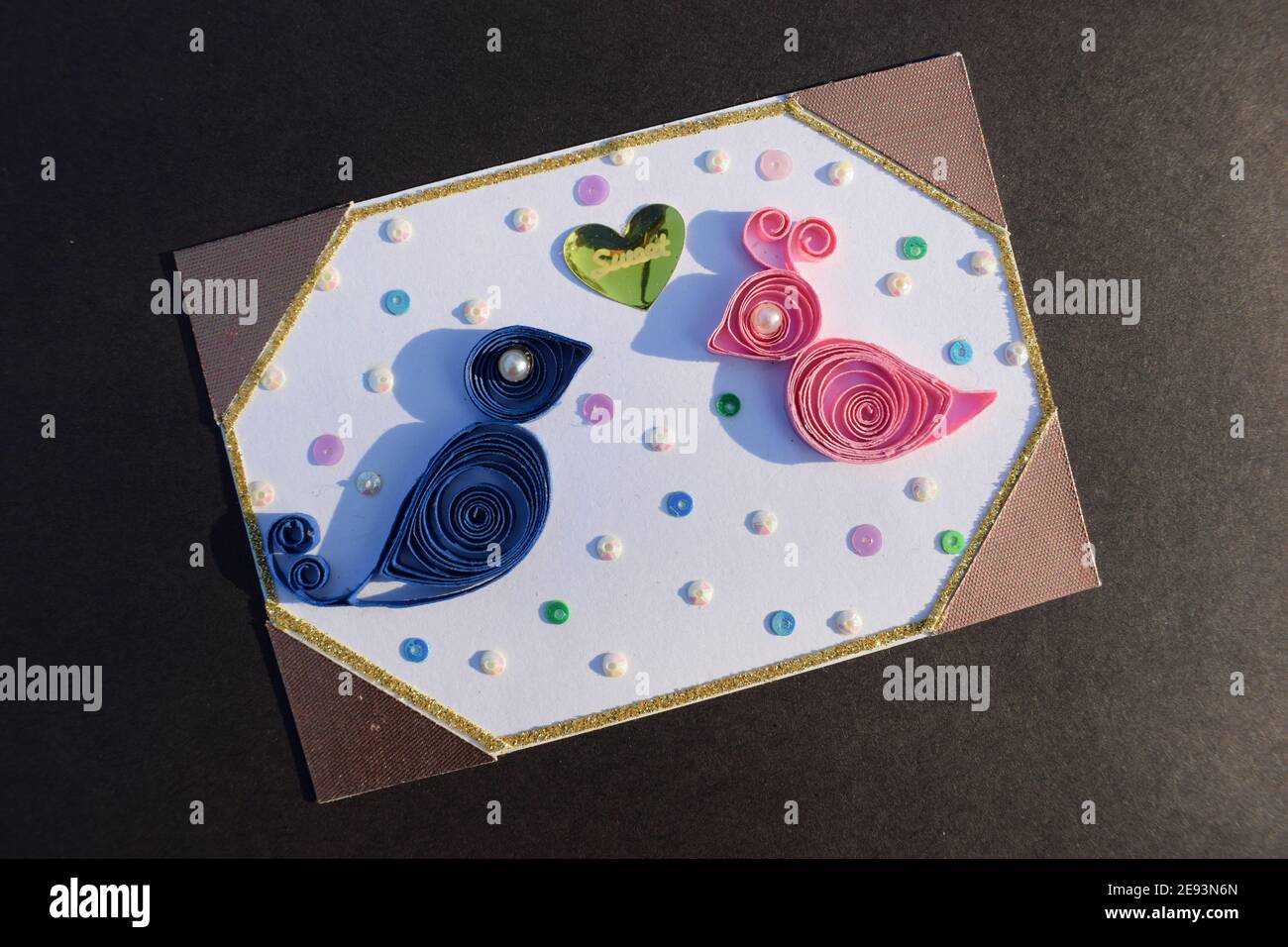 Handmade Greeting Card Made By Quilled Papers With Design Of Beautiful Love Birds With Heart Shape In The Middle Perfect Gift For Valentines Day Stock Photo Alamy