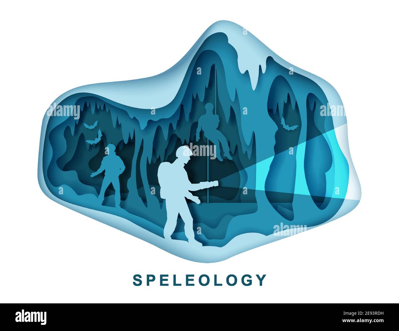 Speleology. Spelunker and bat silhouettes in underground cave, vector paper cut illustration. Science, sport tourism. Stock Vector