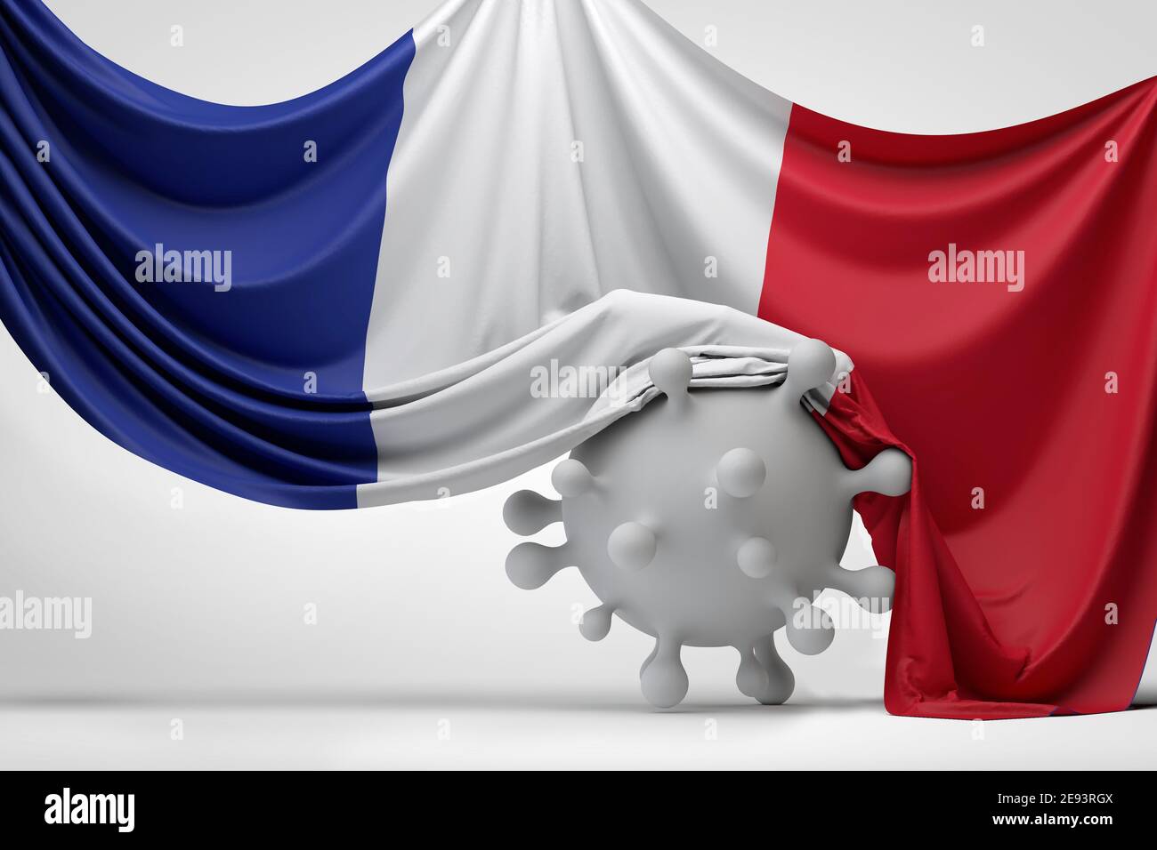 France national flag draped over a Covid virus disease molecule. 3D Rendering Stock Photo