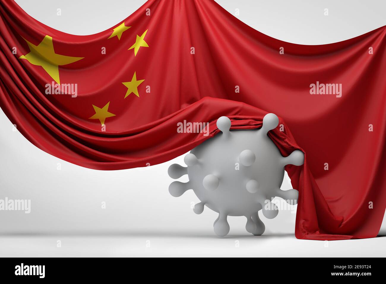 China national flag draped over a Covid virus disease molecule. 3D Rendering Stock Photo