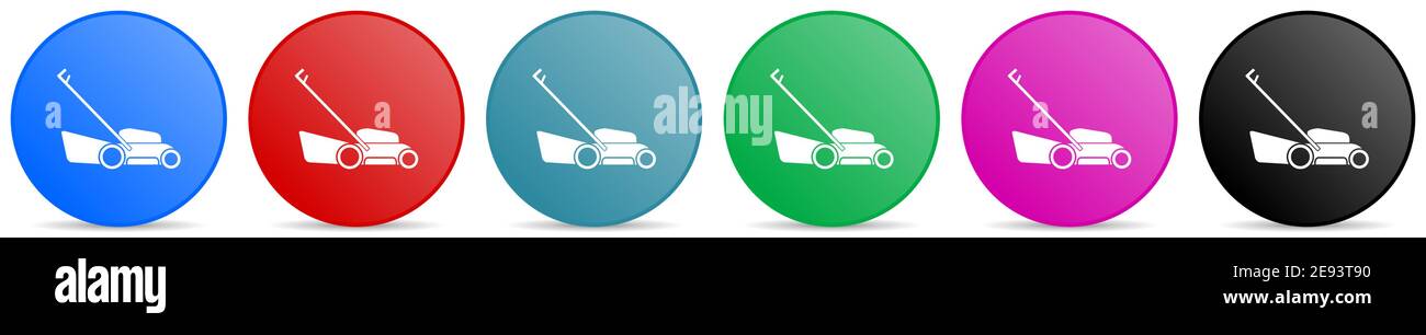 Lawn mower vector icons, set of circle gradient buttons in 6 colors options for webdesign and mobile applications Stock Vector