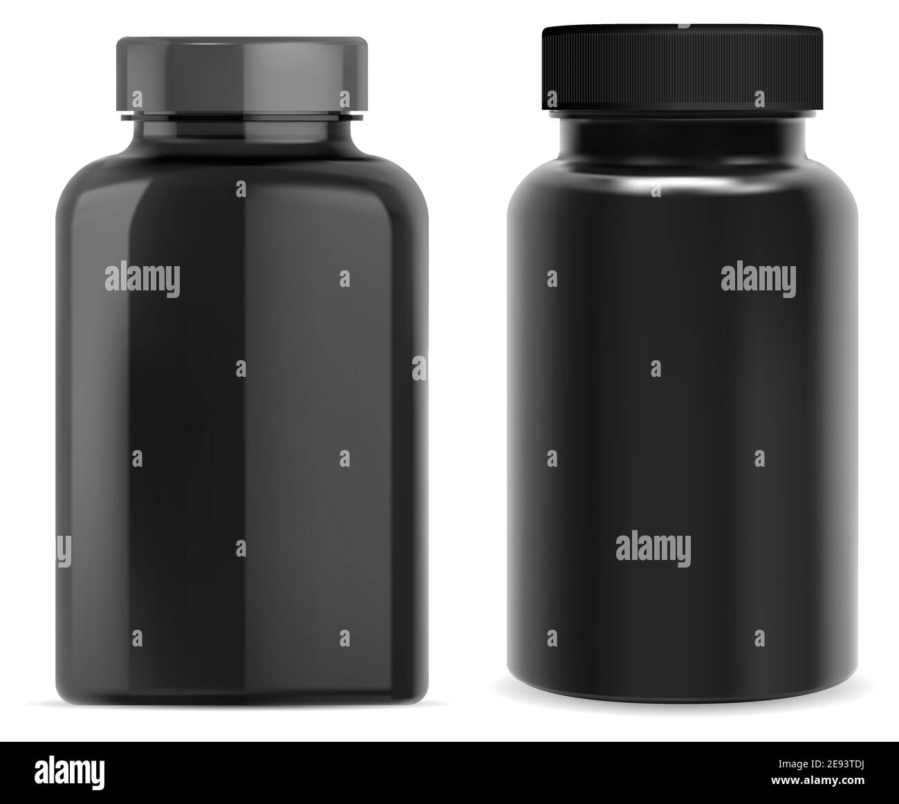 Supplement pill bottle. Black plastic vitamin jar isolated on white background. TAblet capsule container template blank. Pharmaceutical package blank. Stock Vector