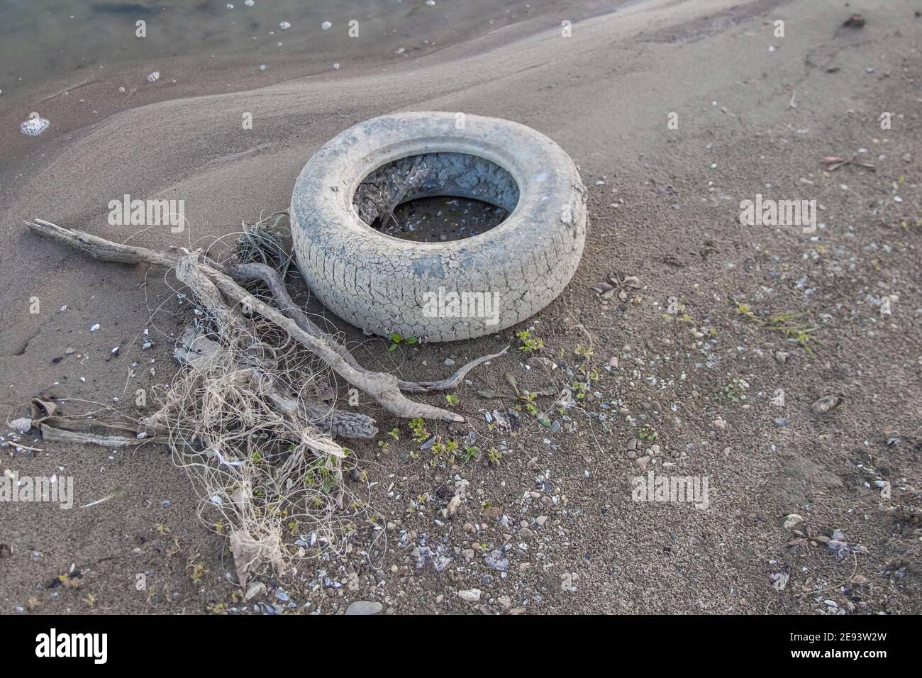 An old car tire, fishing line and driftwood lie on the river bank ...