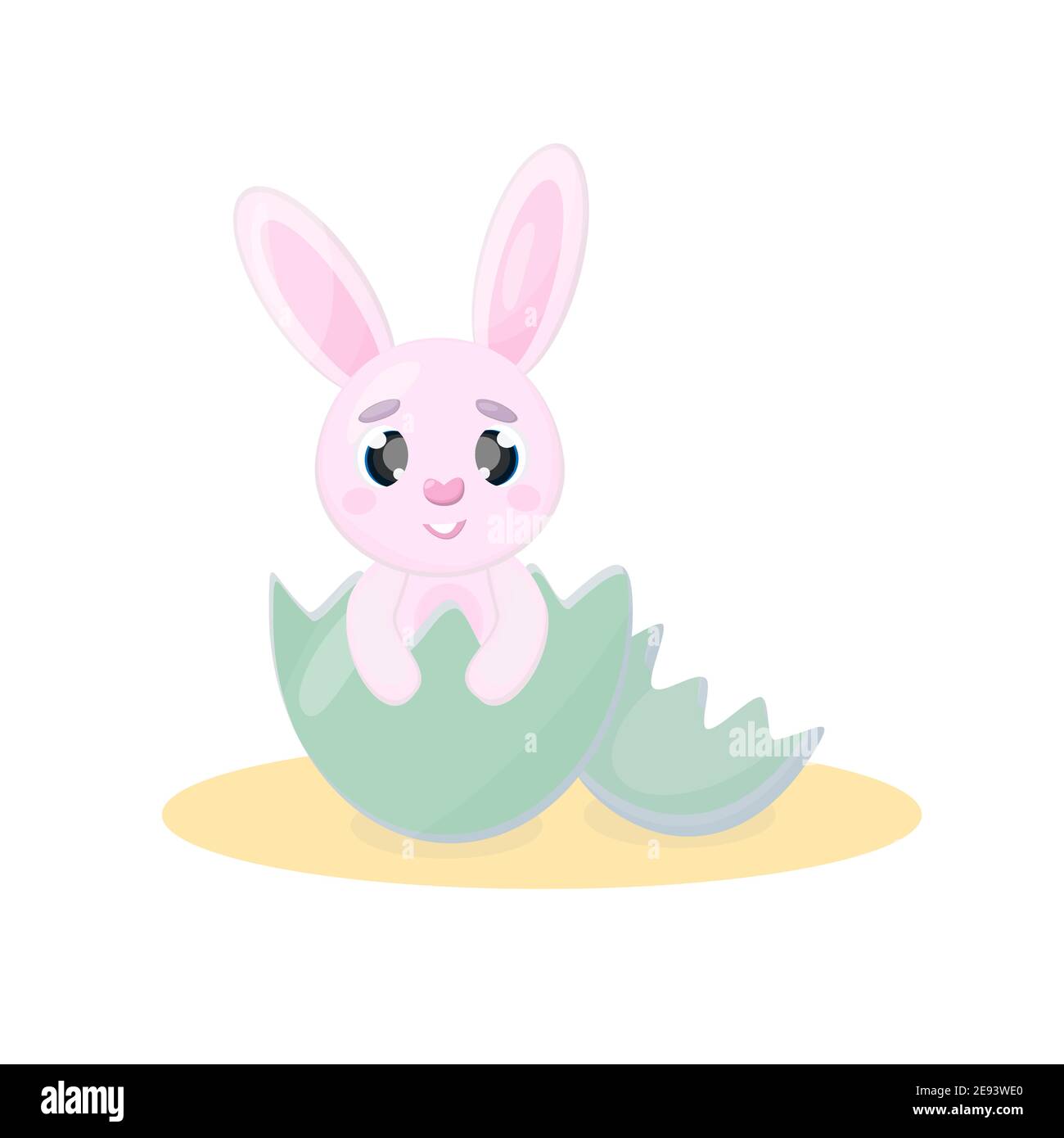 Cute cartoon pink easter bunny sitting in an easter egg looking at the ...
