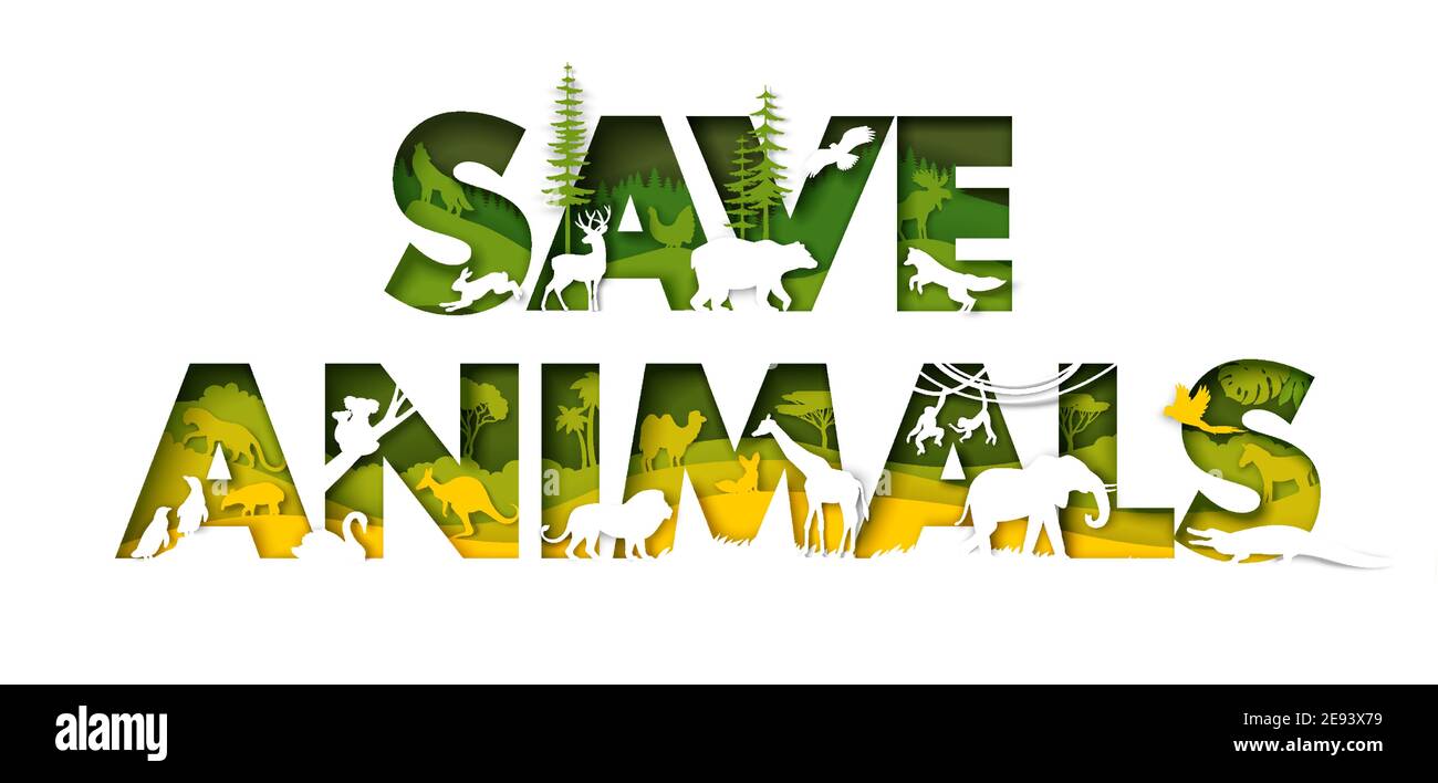 Save animals typography banner template. Europe, Asia, Australia, Africa, South America wild animals silhouettes. Stock Vector