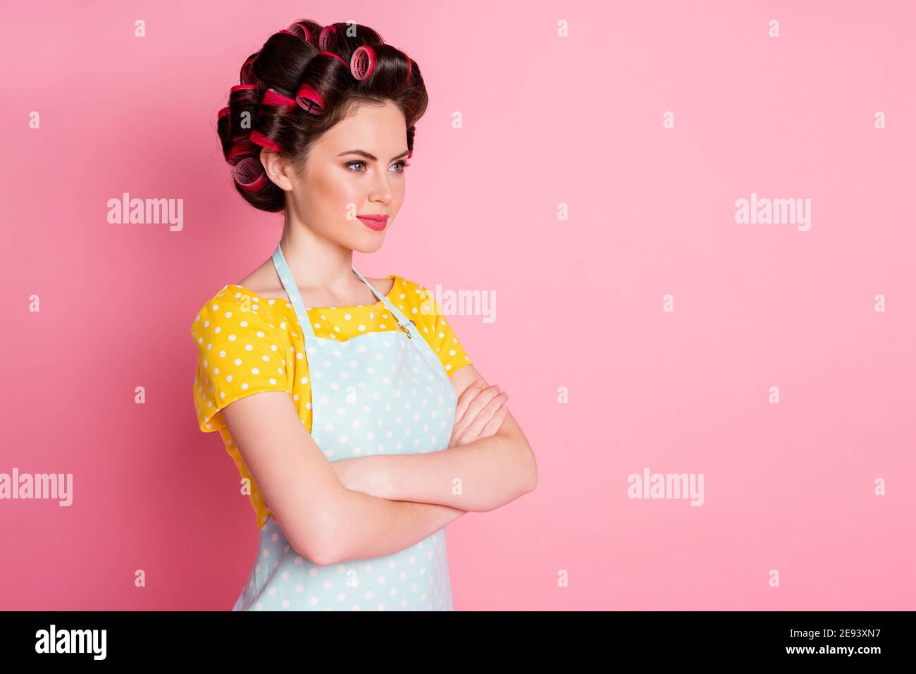 Turned photo of attractive housewife cross hands look copyspace