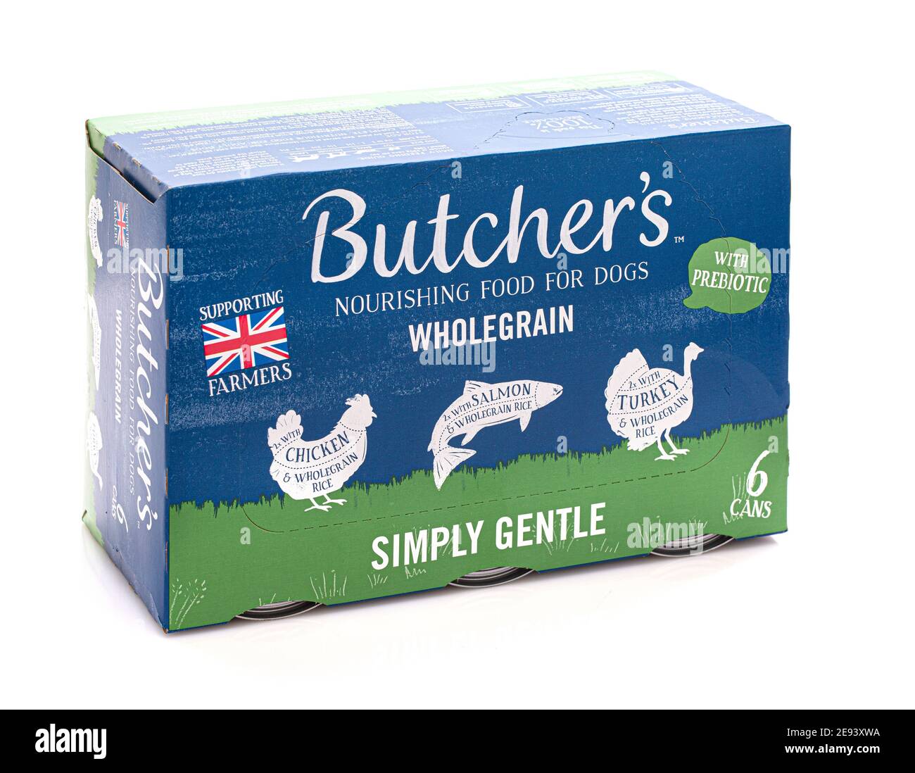 SWINDON, UK - FEBRUARY 2, 2021:  Box of Butchers dog food on a white background, nourishing Stock Photo