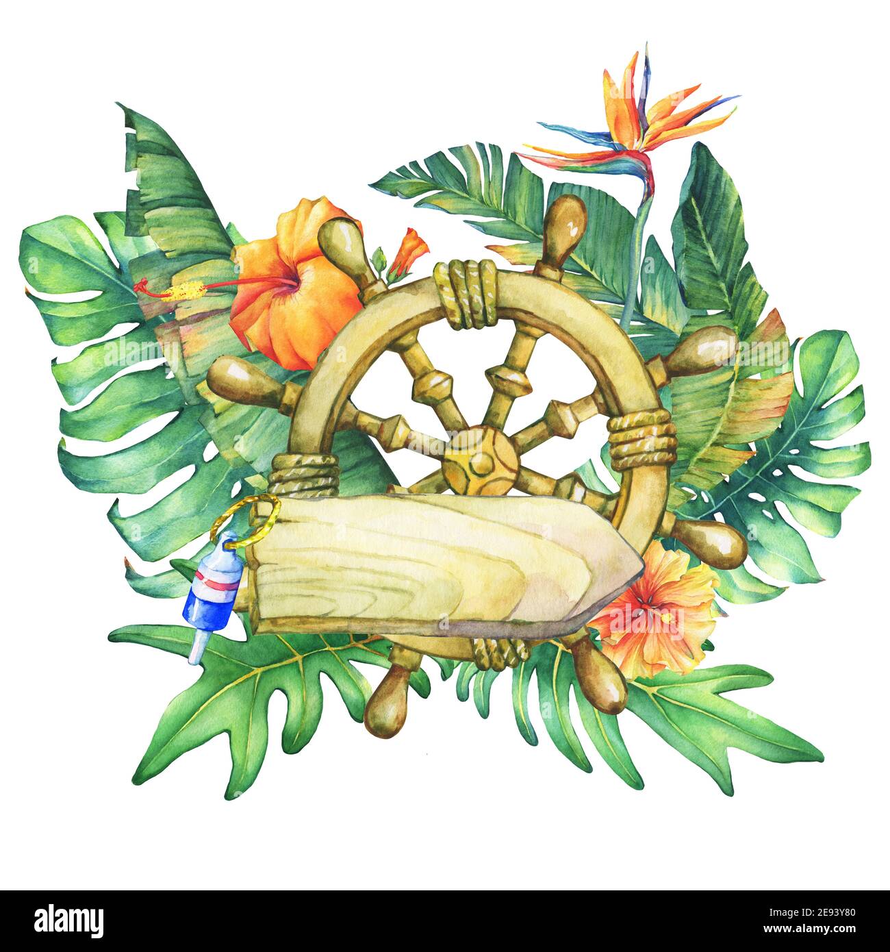 Composition With Ship Wheel Nameplate Flowers And Tropical Plants Hand Drawn Watercolor Painting On White Background Stock Photo Alamy Composition With Ship Wheel Nameplate Flowers And Tropical Plants Hand Drawn Watercolor Painting On White Background Stock Photo Alamy