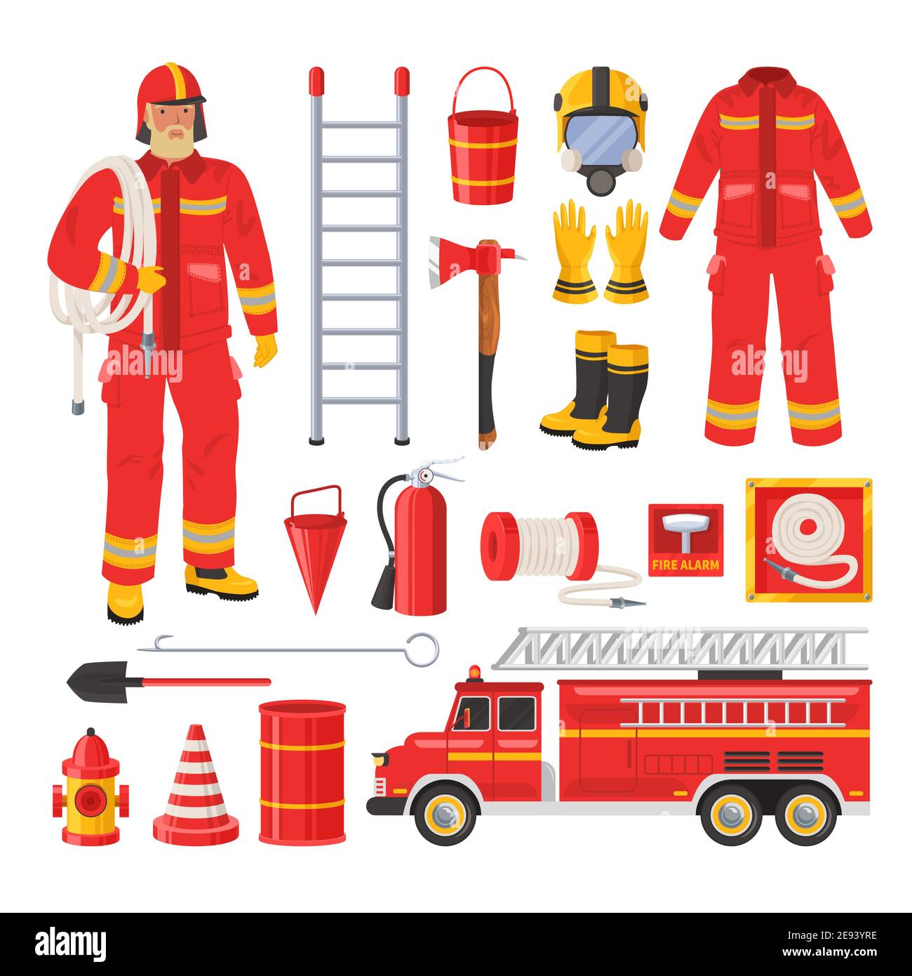 Feuerwehr Ausrüstung legen. Vektor-Illustration Stock-Vektorgrafik - Alamy