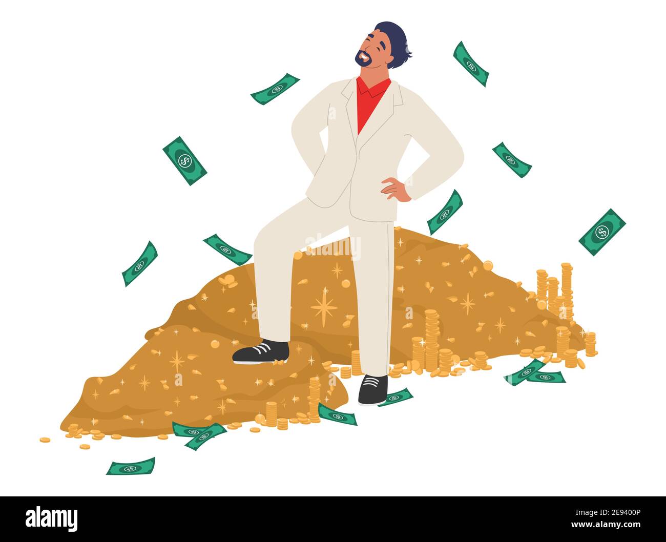 Rich man standing on cash money pile, flat vector illustration. Wealthy businessman, millionaire, happy lottery winner. Stock Vector