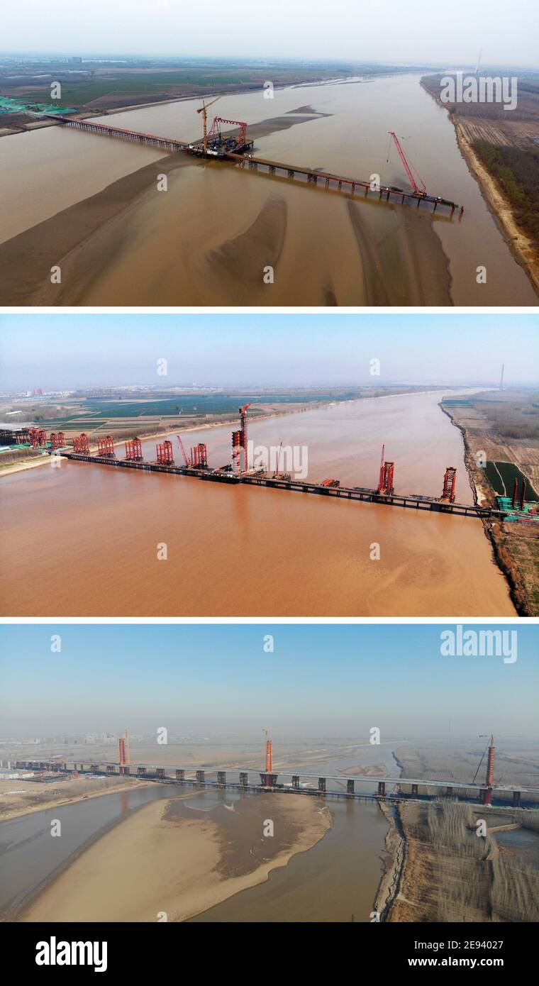 Jinan. 2nd Feb, 2021. Combo aerial photo shows the construction site of Fenghuang Road Yellow River Bridge in Jinan, east China's Shandong Province, on March 8, 2019 (top), on April 3, 2020 (middle), and on Feb. 2, 2021 (bottom). With the main structure of its three towers being completed recently, the 6,683-meter-long self-anchored suspension bridge is expected to open to traffic at the end of 2021. Credit: Wang Kai/Xinhua/Alamy Live News Stock Photo