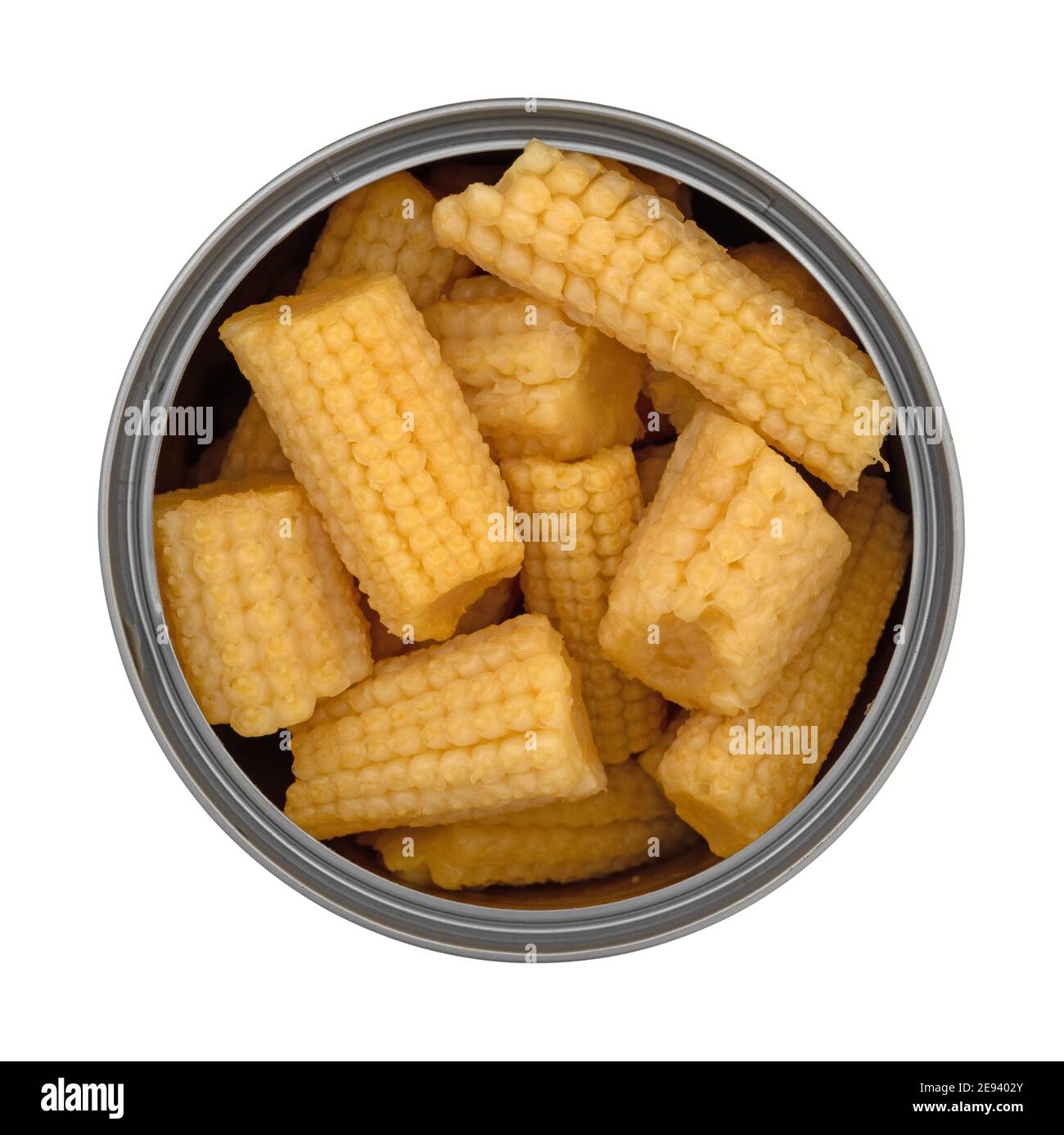 Overhead view of an open can filled with organic baby corn isolated on a white background. Stock Photo