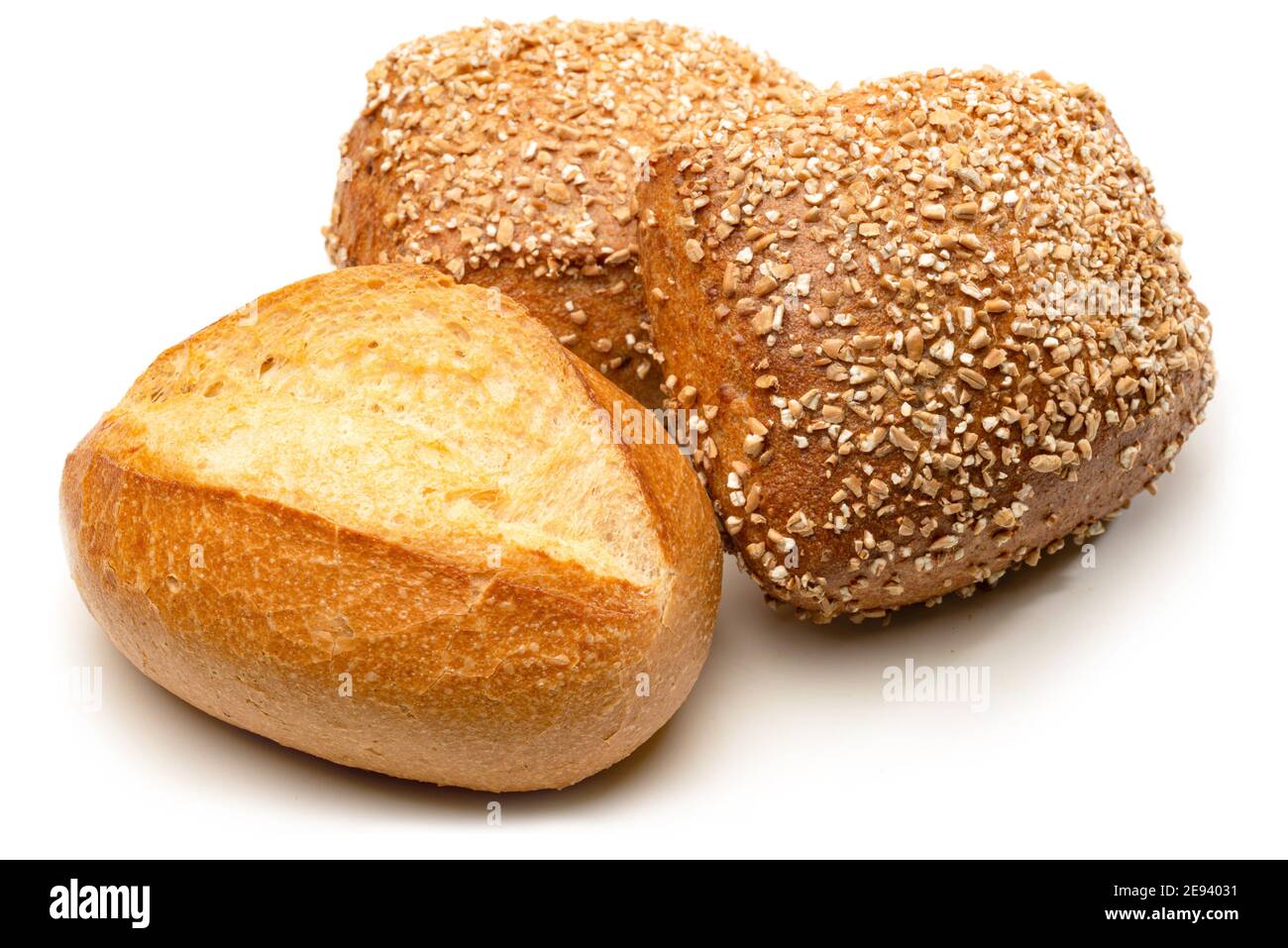 Various bread rolls isolated against white - wheat and wholemeal bread rolls Stock Photo
