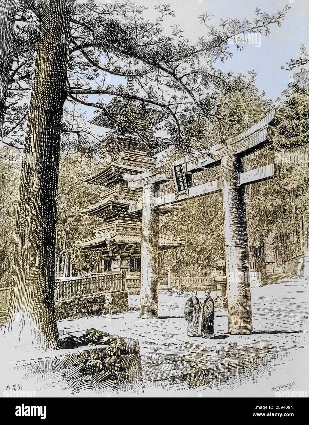 Machine colourised Pagoda and Entrance to Large Temple, Nikko frontispiece from the book ' Rambles in Japan : the land of the rising sun ' by Tristram, H. B. (Henry Baker), 1822-1906. Publication date 1895. Publisher New York : Revell Stock Photo
