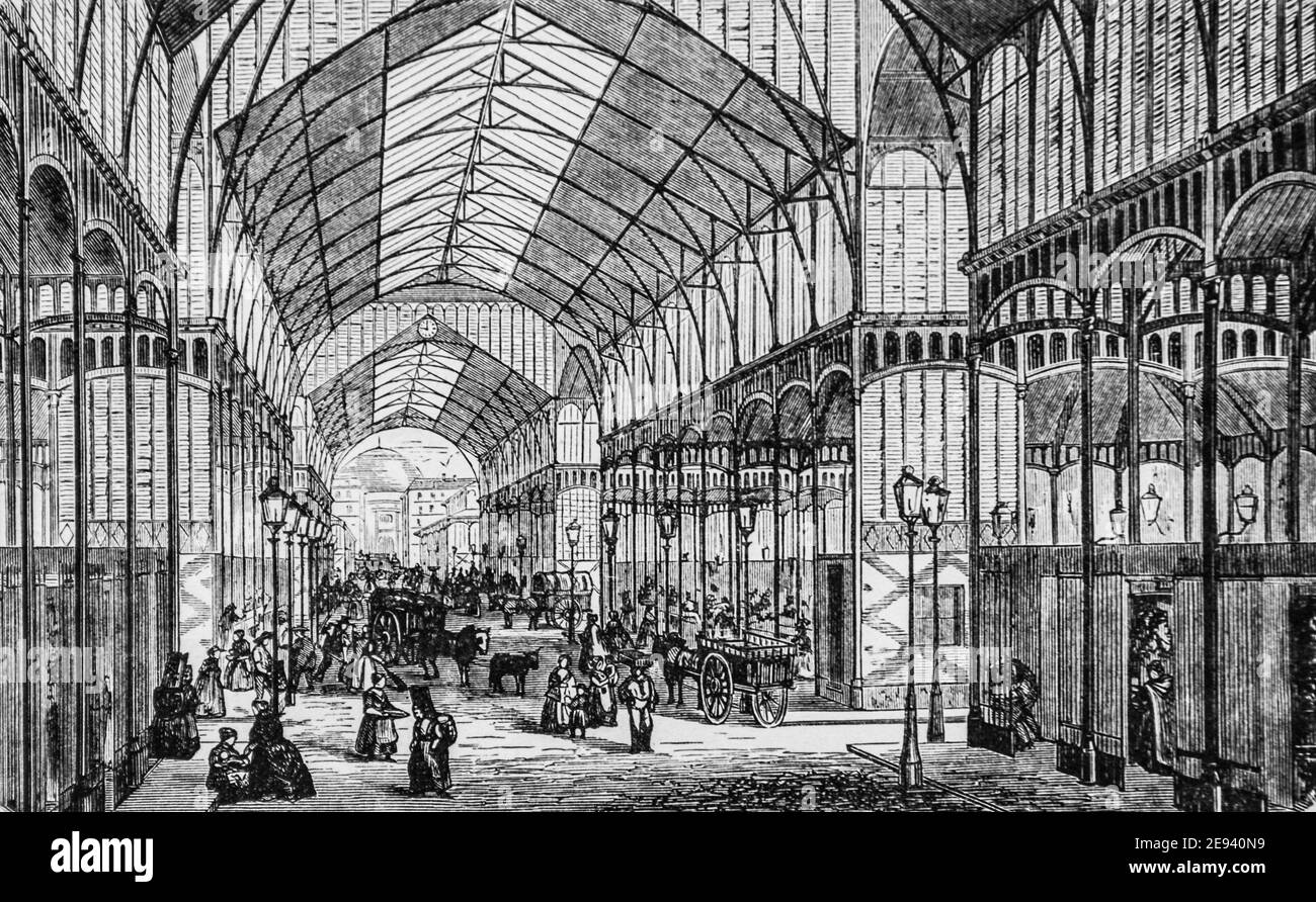 les halles centrales,construction en fer de m. baltard, les grands travaux du siecle par dumont,edition hachette 1895 Stock Photo