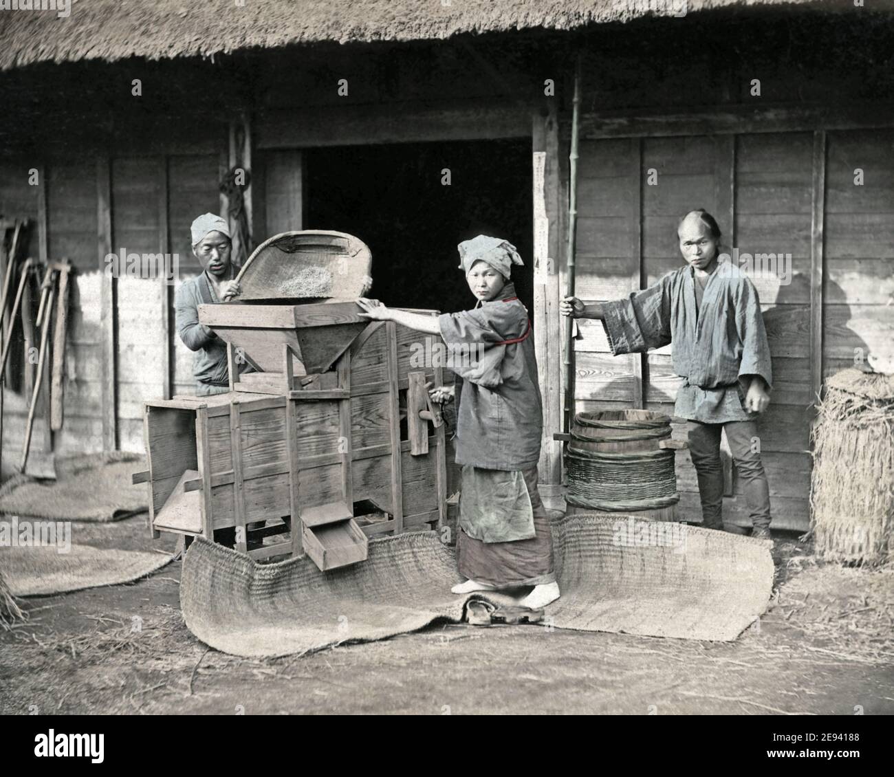 Late 19th century photograph Winnowing Rice, Japan, farming