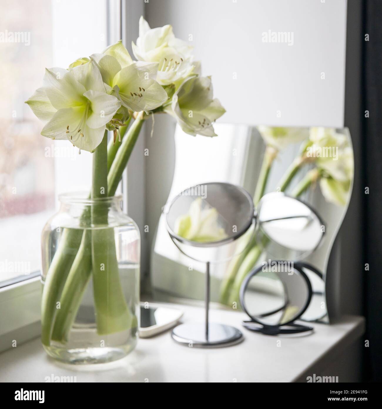Bouquet of white lilies in a tall glass vase on a beige table against a ...