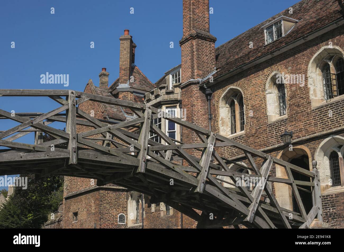 Mathematical Bridge, a wooden footbridge inside University of Cambridge, England, UK. Stock Photo