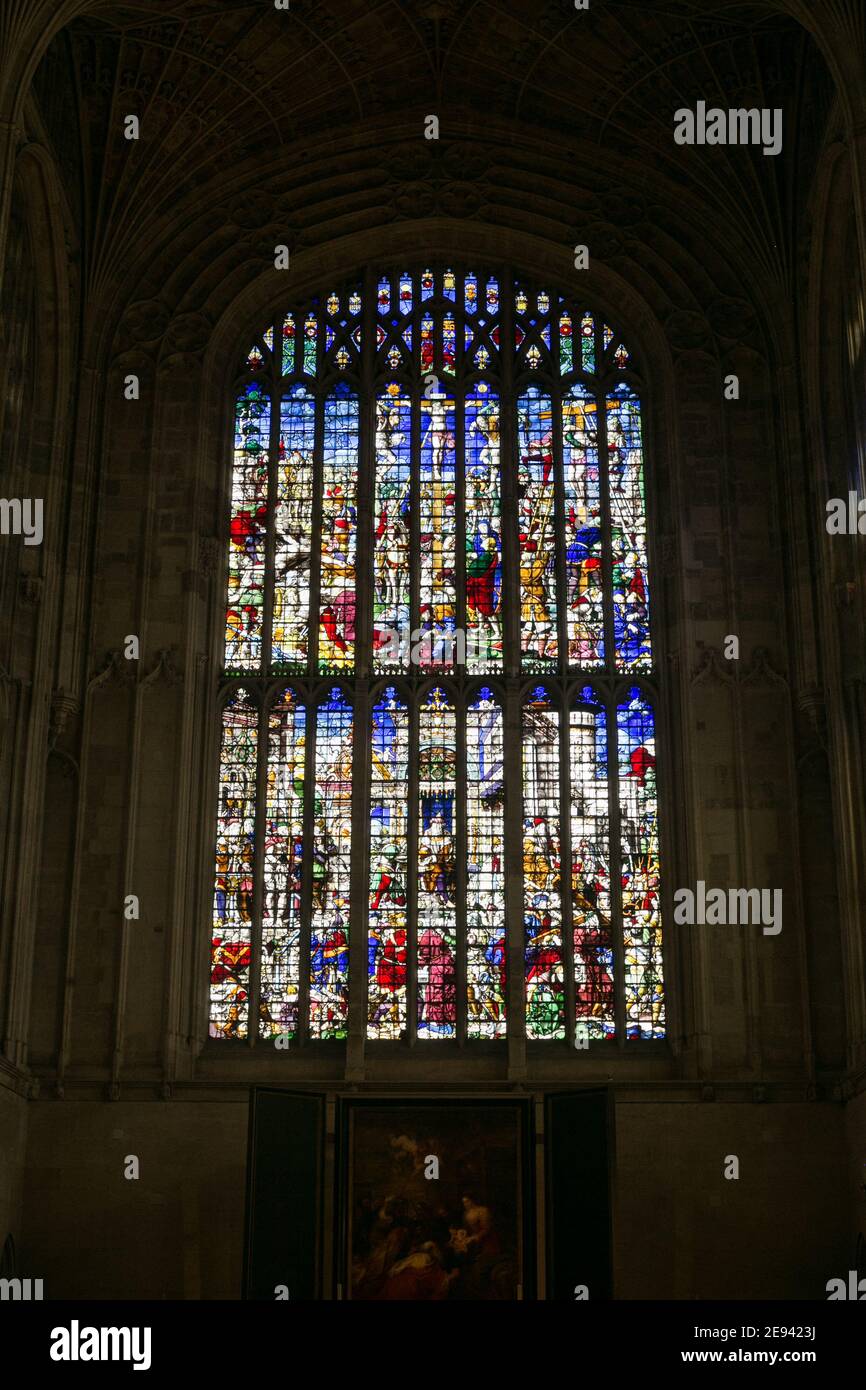 Stained glass windows inside King's College Chapel in Cambridge
