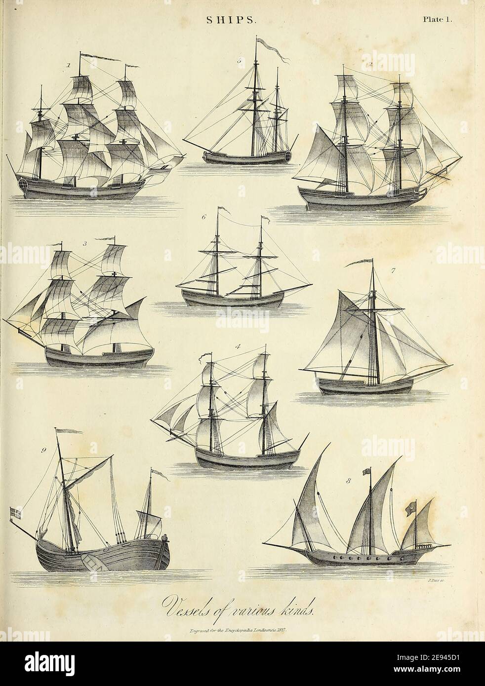 Ships Vessels of various kind Copperplate engraving From the Encyclopaedia Londinensis or, Universal dictionary of arts, sciences, and literature; Volume XXIII;  Edited by Wilkes, John. Published in London in 1828 Stock Photo