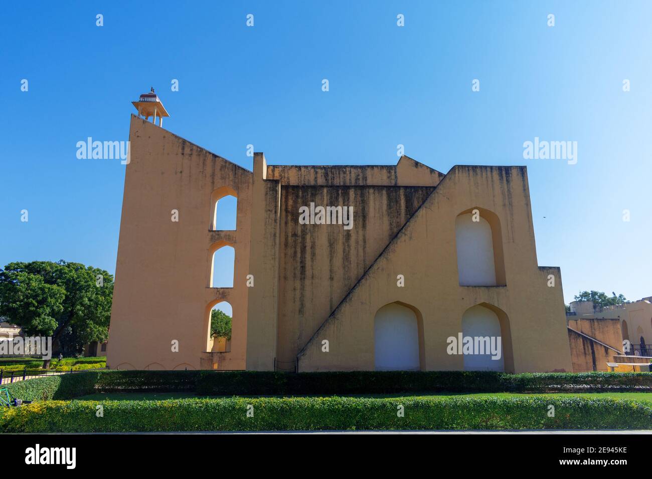 The Jantar Mantar is an equinoctial sundial, with instrument intended to measure the time of day correct to half a second and declination of the Sun. Stock Photo