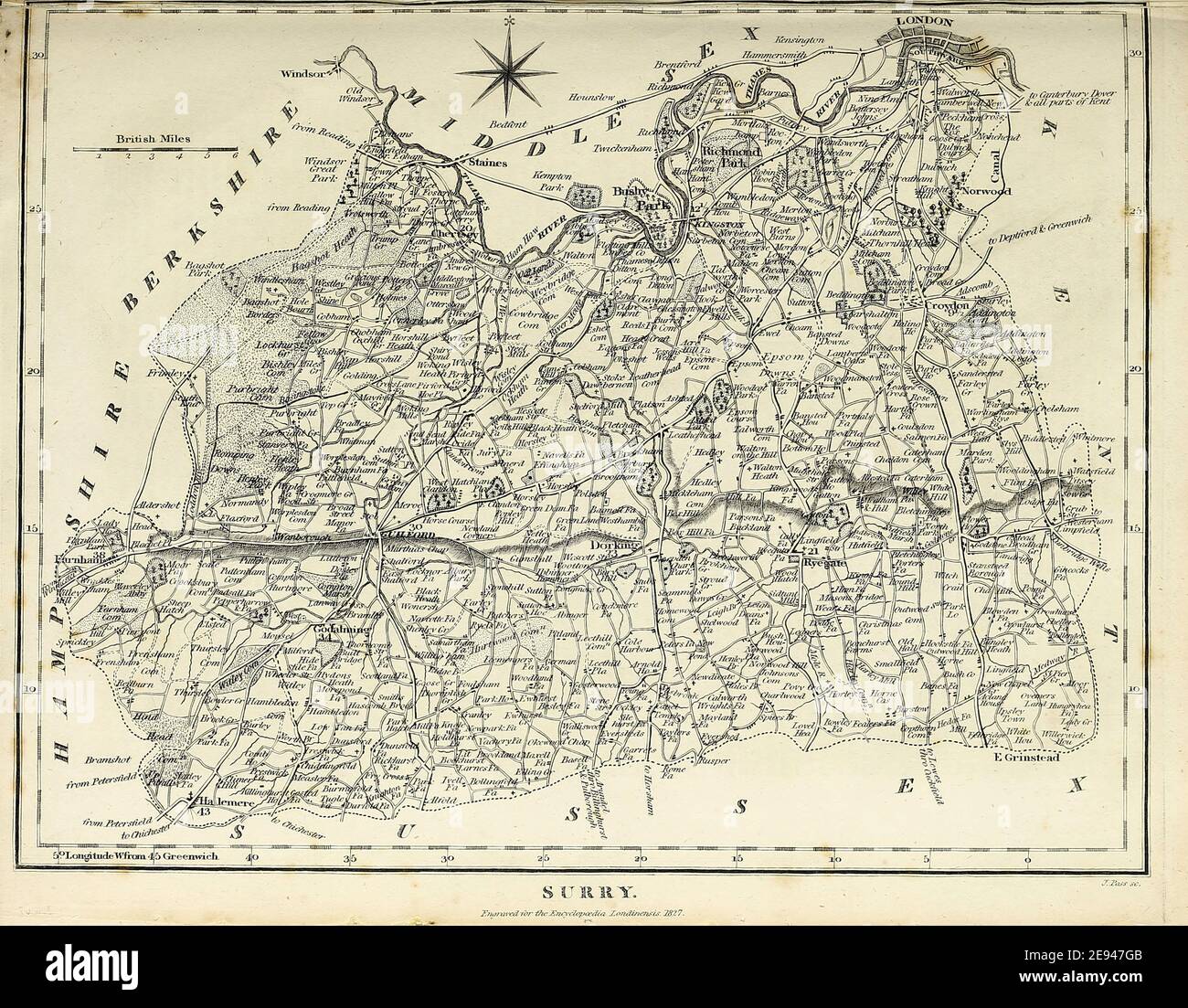 Ancient map of Surrey [Here as Surry] Copperplate engraving From the Encyclopaedia Londinensis or, Universal dictionary of arts, sciences, and literature; Volume XXIII;  Edited by Wilkes, John. Published in London in 1828 Stock Photo