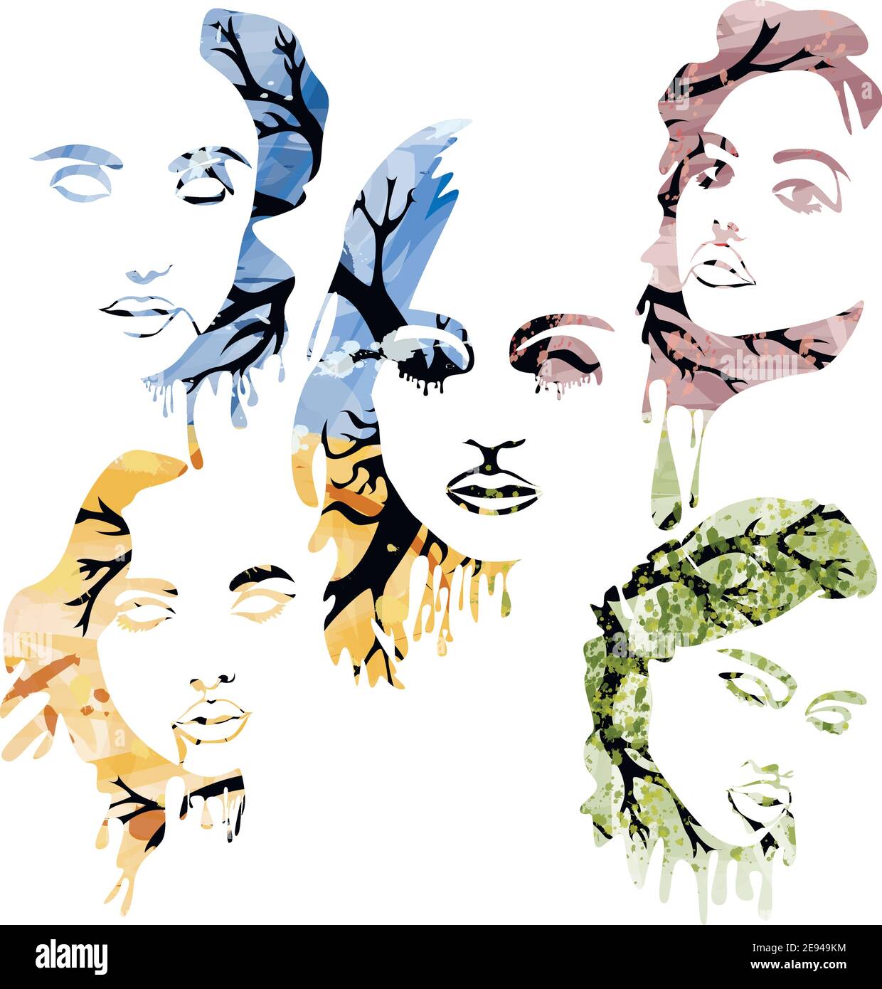 Four seasons women face silhouettes abstract design. Vector EPS 10 Stock Vector