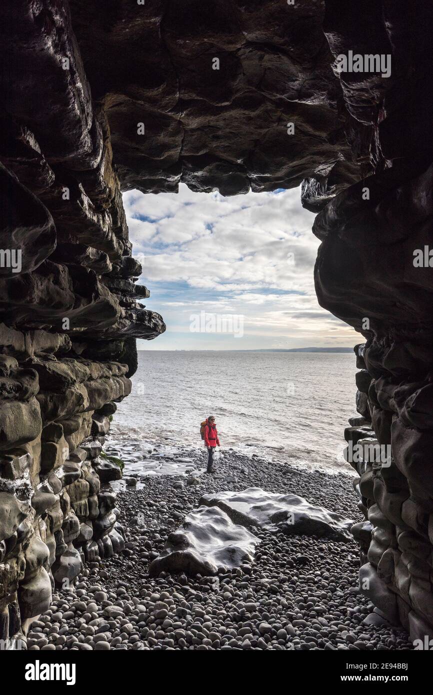 Font-y-Gary Cave, a coastal sea cave in the cliffs near Fontygary at Aberthaw, Wales, UK Stock Photo