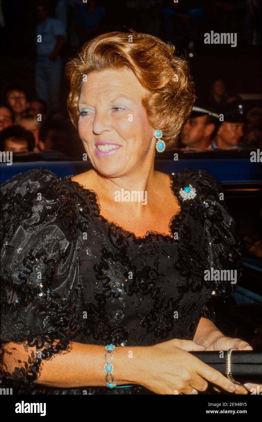 ENSCHEDE, THE NETHERLANDS - SEPT 09, 1988: Queen Beatrix and her husband prince Claus at the opening of the new music centre in the town of Enschede. Stock Photo